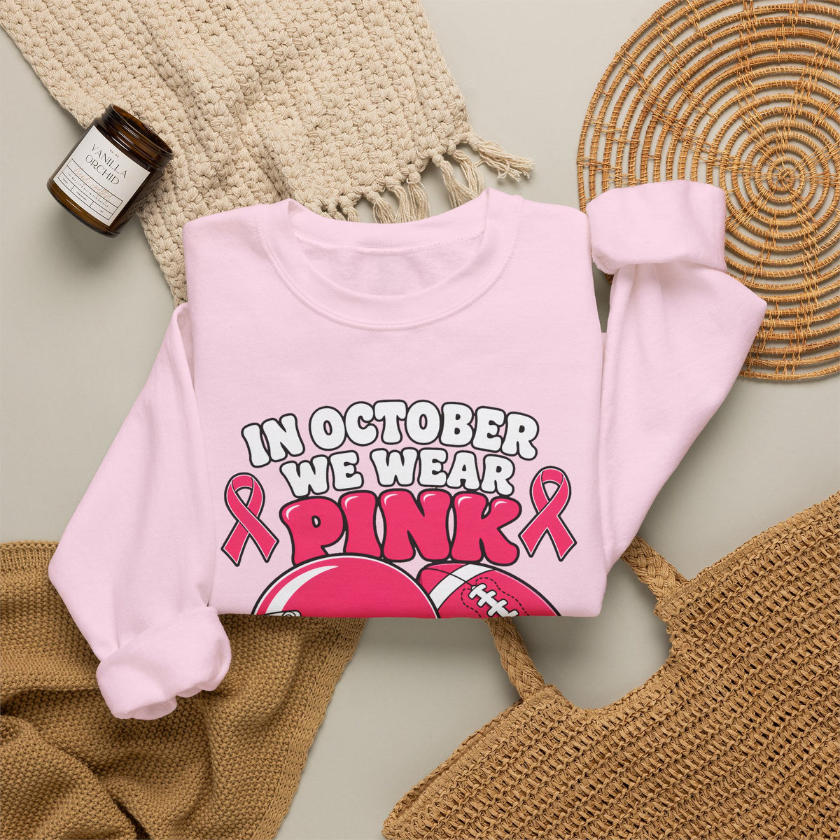 Breast Cancer Awareness Football Sweatshirt — "In October We Wear Pink" Crewneck