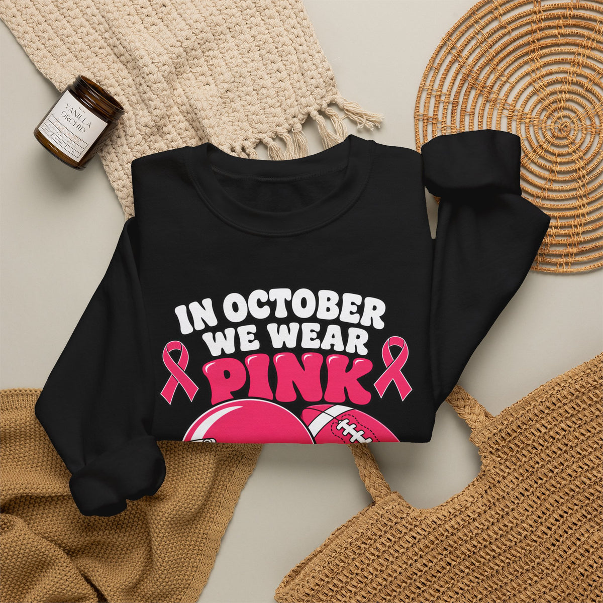 Breast Cancer Awareness Football Sweatshirt — "In October We Wear Pink" Crewneck