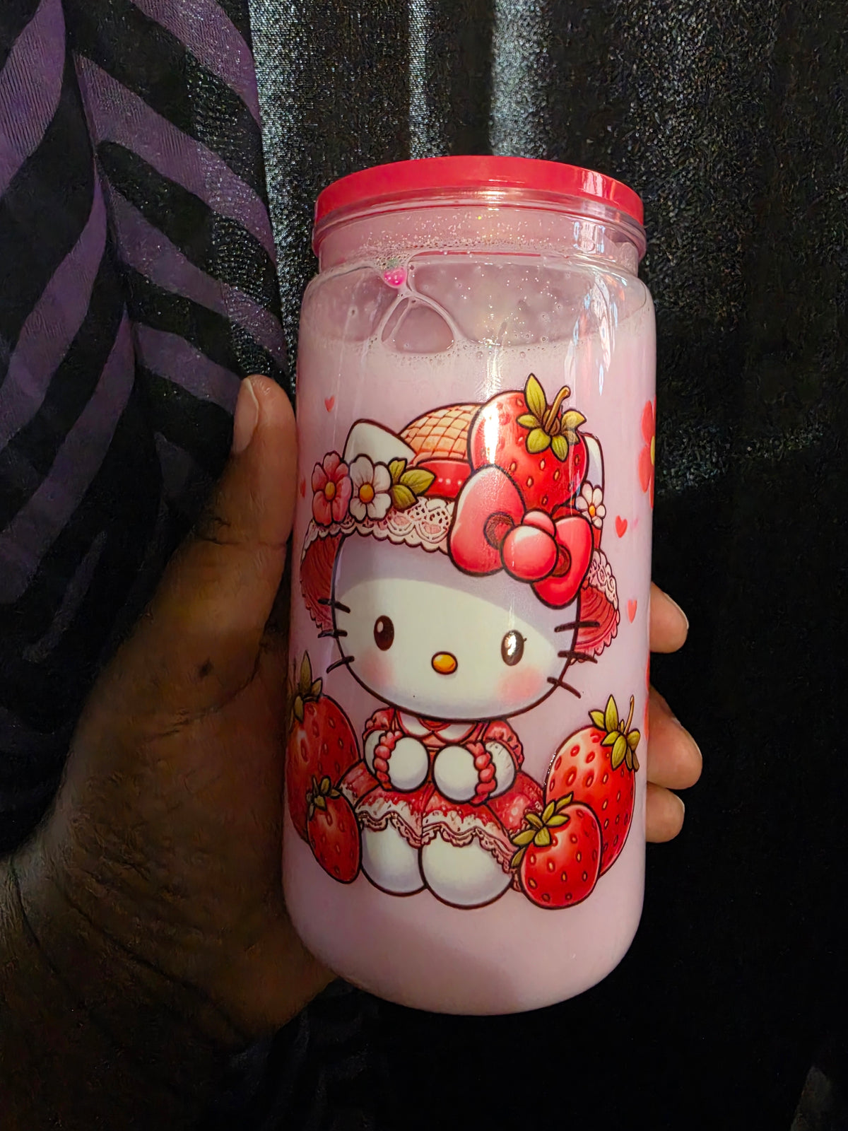 Strawberry Kitty 16oz Acrylic Snowglobe Tumbler | Pink Kawaii Cup | Cute Strawberry Tumbler