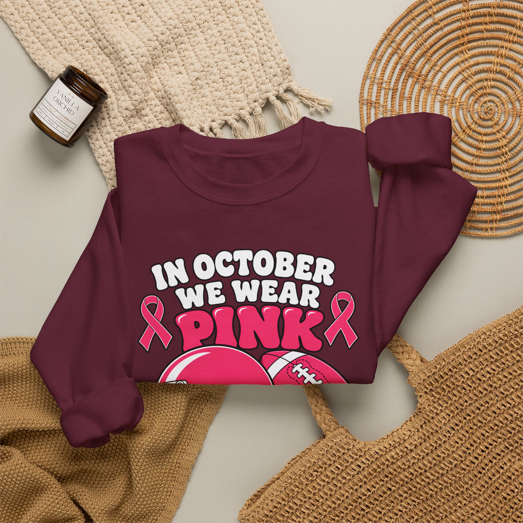 Breast Cancer Awareness Football Sweatshirt — "In October We Wear Pink" Crewneck