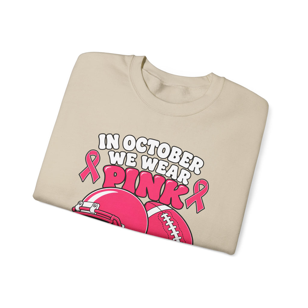 Breast Cancer Awareness Football Sweatshirt — "In October We Wear Pink" Crewneck
