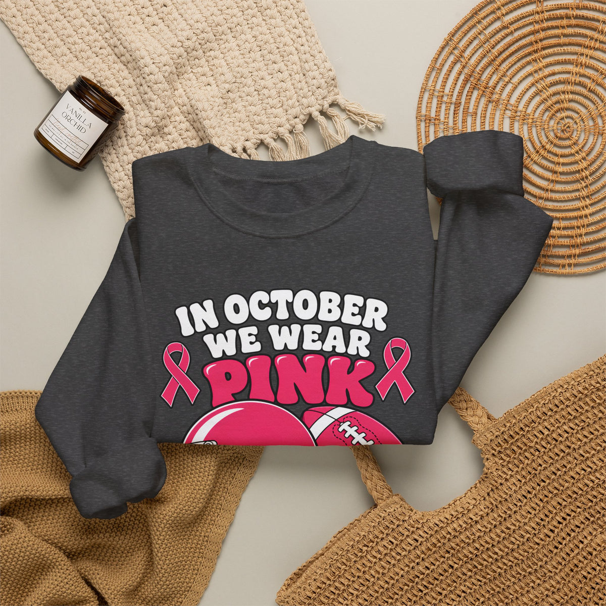 Breast Cancer Awareness Football Sweatshirt — "In October We Wear Pink" Crewneck