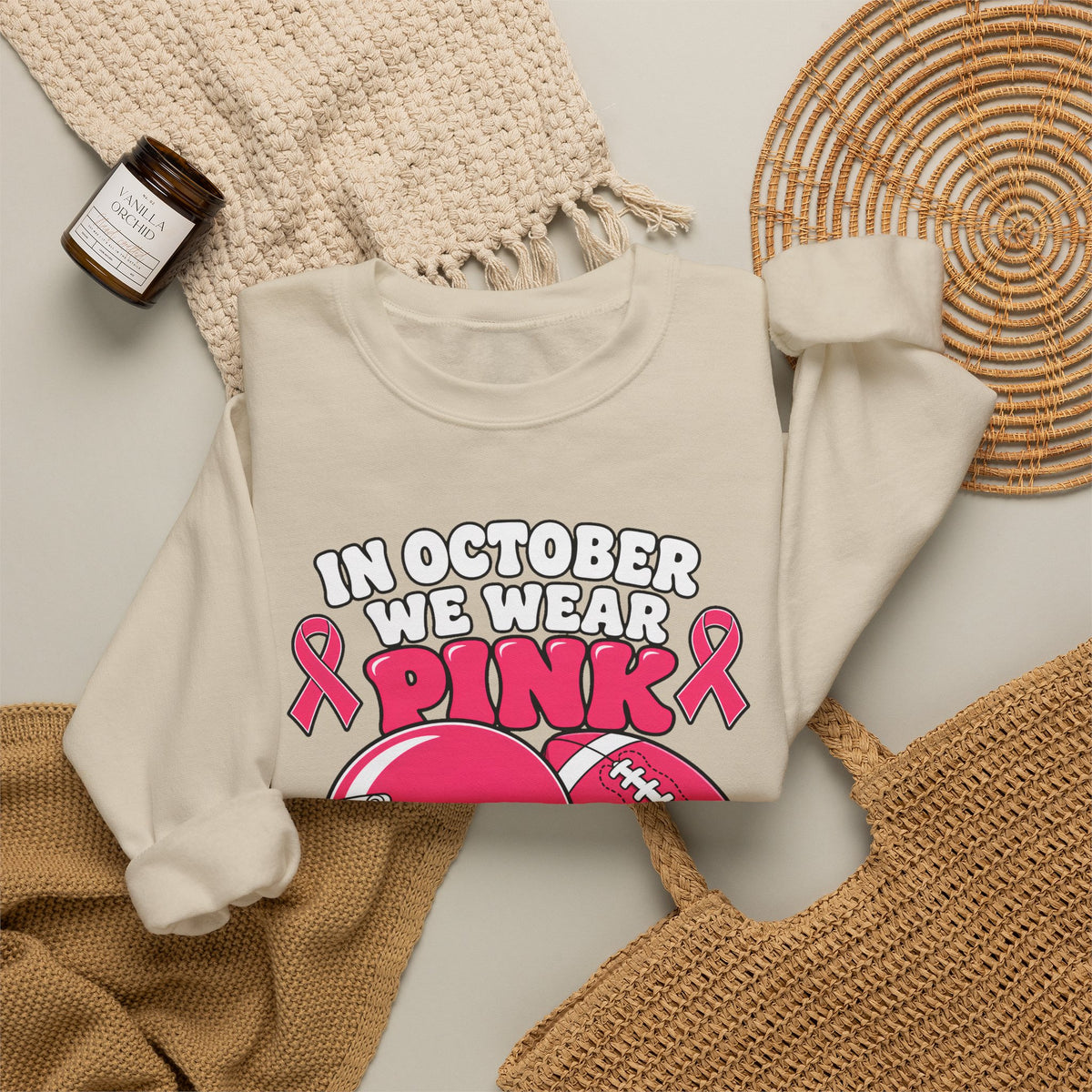 Breast Cancer Awareness Football Sweatshirt — "In October We Wear Pink and Watch Football"
