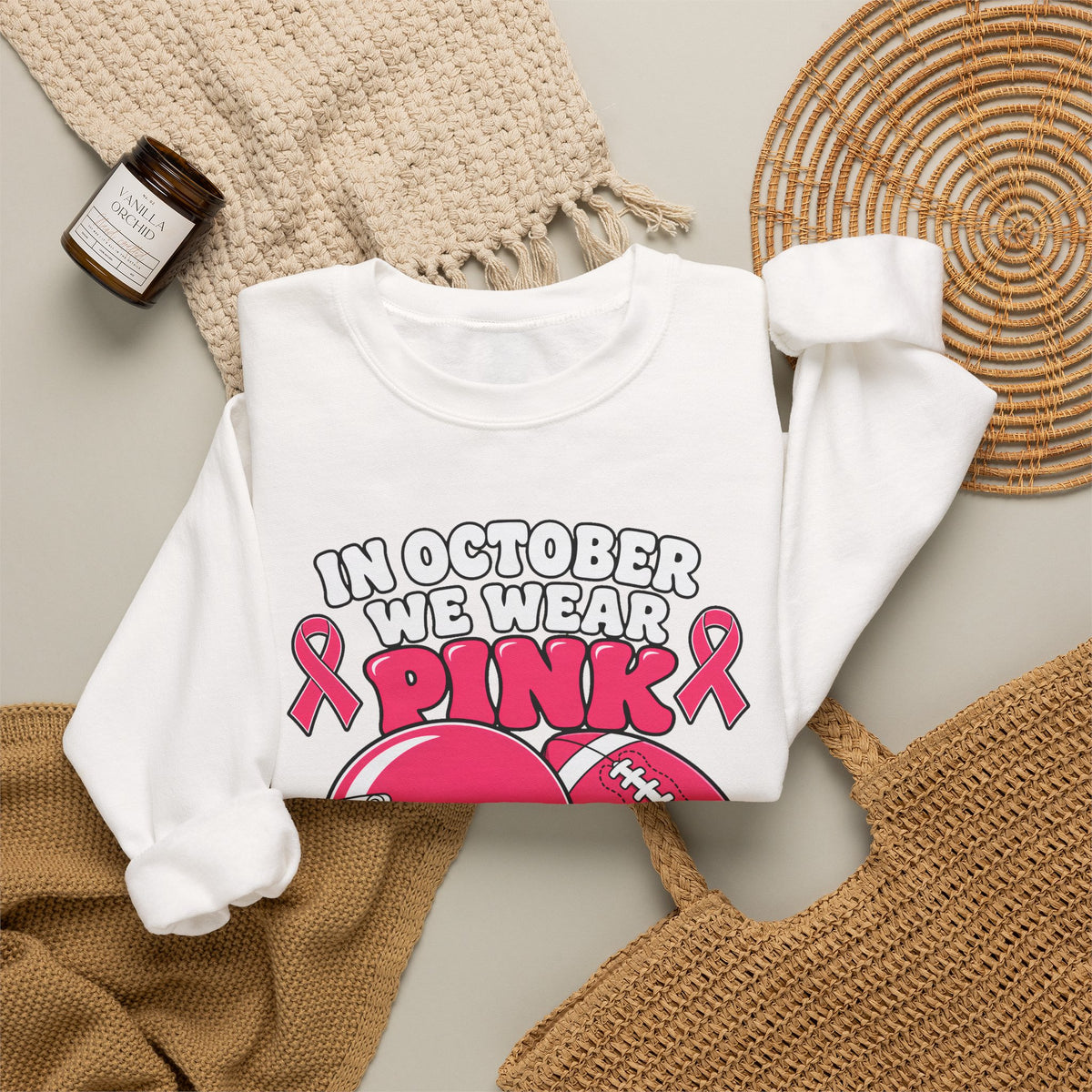 Breast Cancer Awareness Football Sweatshirt — "In October We Wear Pink" Crewneck