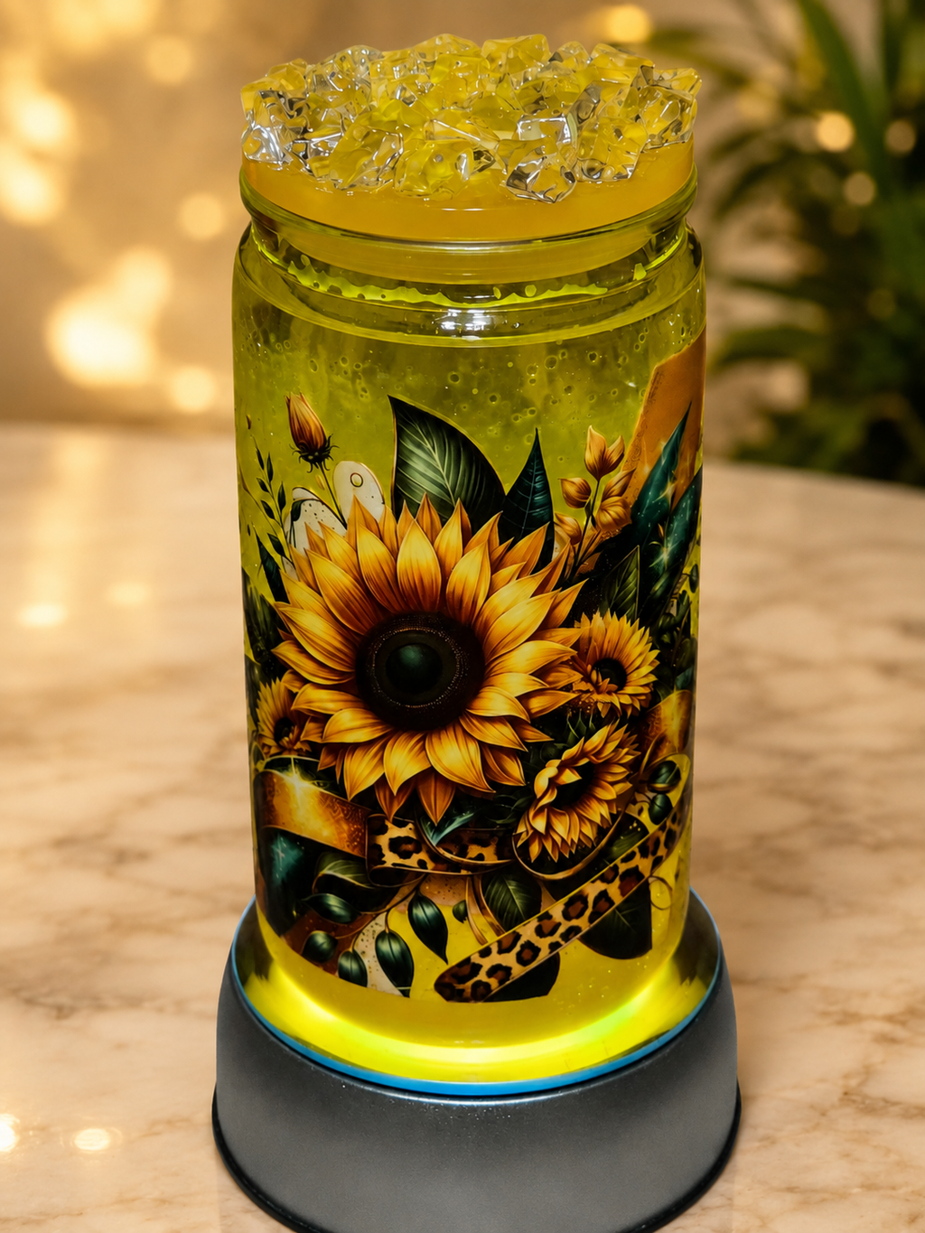 🌻 Sunflower & Leopard Glow Snow Globe Tumbler