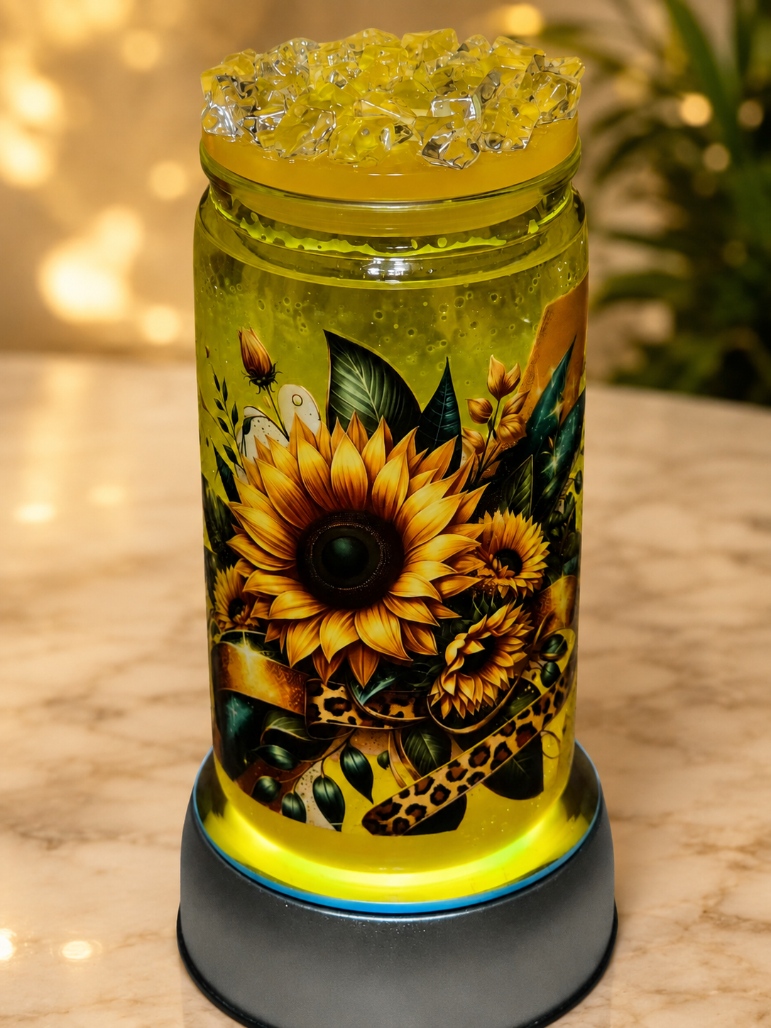 🌻 Sunflower & Leopard Glow Snow Globe Tumbler