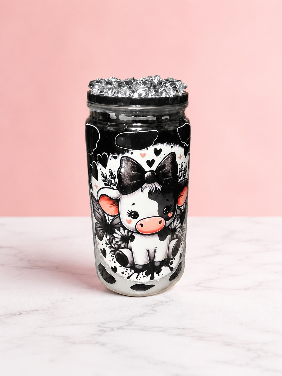 Cute Black & White Cow 16oz Glitter Snow Globe Tumbler