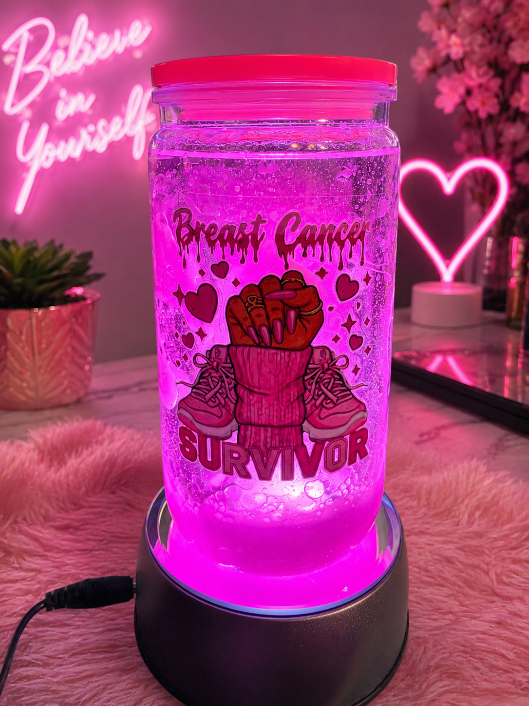 💗 Breast Cancer Awareness Snowglobe Tumbler | Pink Survivor Cup