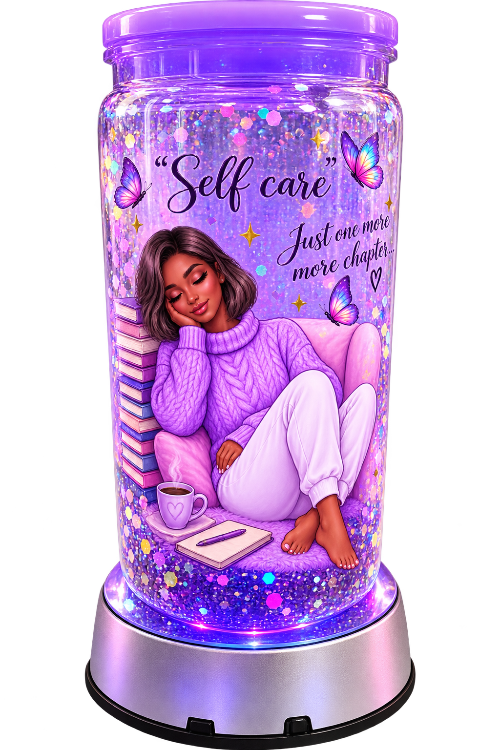 Self Care Book Lover Tumbler, Purple Glitter Snow Globe Cup, Bookish Reader Gift, Butterfly Tumbler, Cozy Reading Cup