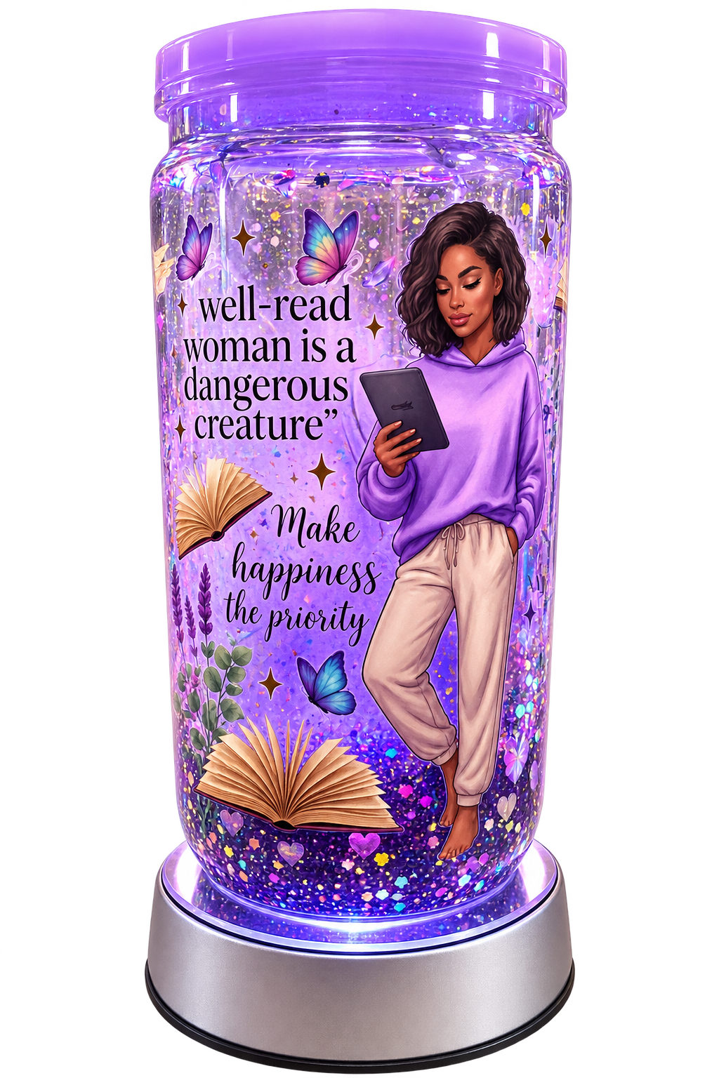 Self Care Book Lover Tumbler, Purple Glitter Snow Globe Cup, Bookish Reader Gift, Butterfly Tumbler, Cozy Reading Cup