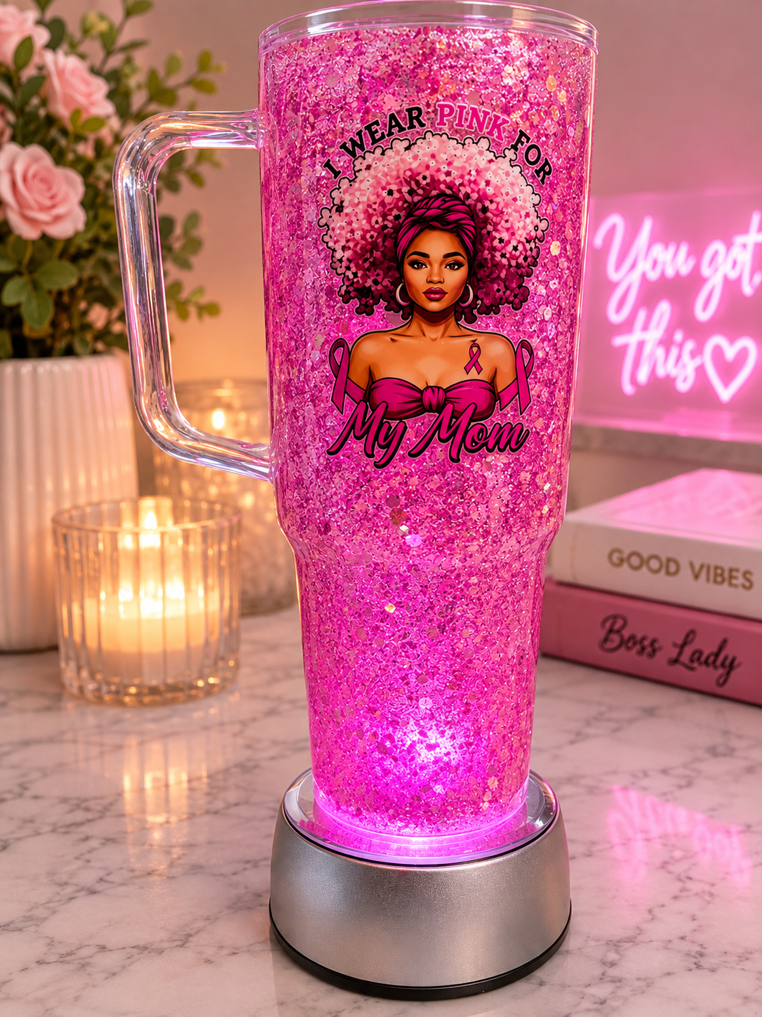 Breast Cancer Awareness Pink Glitter Snow Globe Tumbler with Handle, Breast Cancer Gift, Pink Ribbon Cup