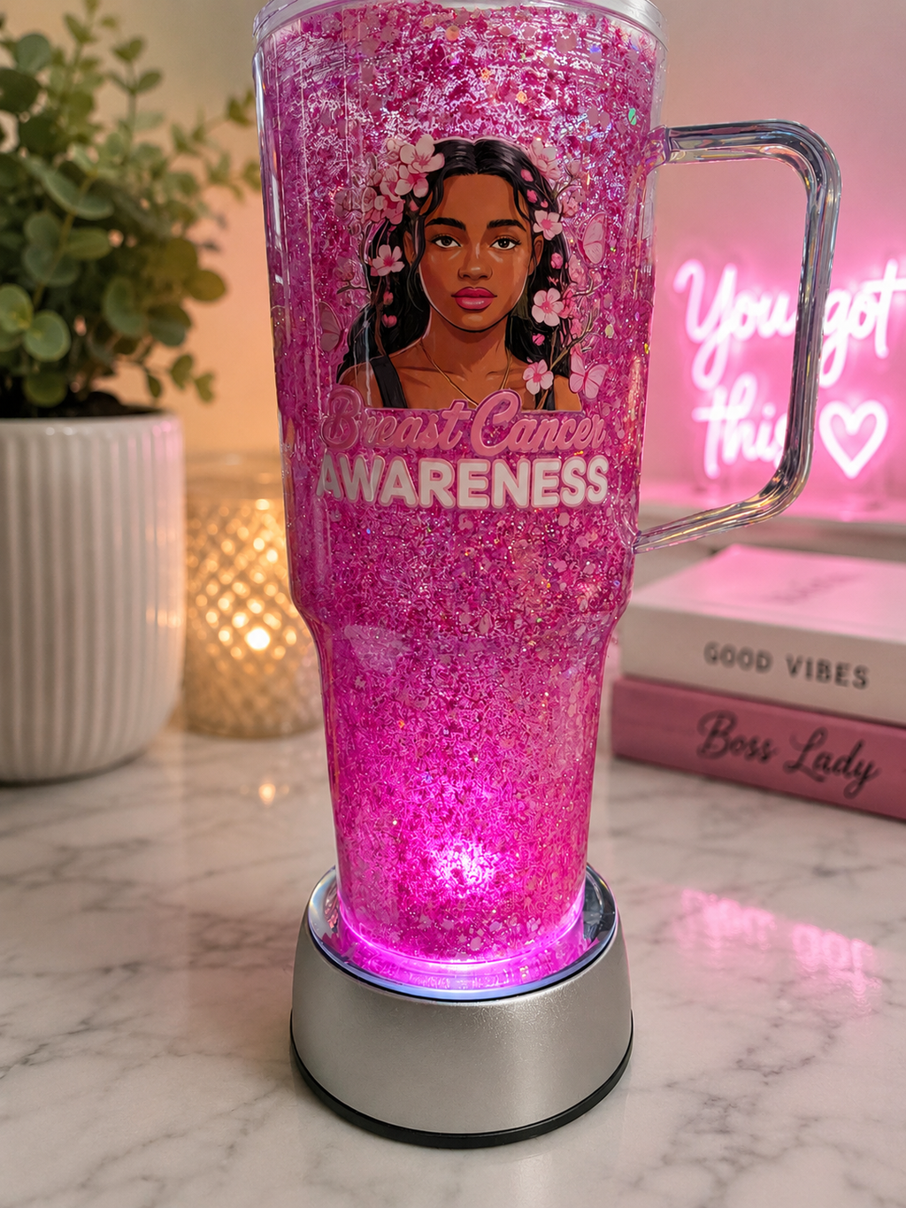 Breast Cancer Awareness Pink Glitter Snow Globe Tumbler with Handle, Breast Cancer Gift, Pink Ribbon Cup