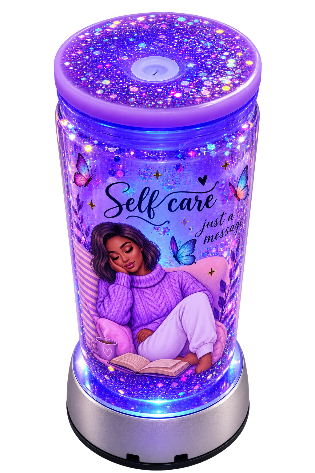 Self Care Book Lover Tumbler, Purple Glitter Snow Globe Cup, Bookish Reader Gift, Butterfly Tumbler, Cozy Reading Cup