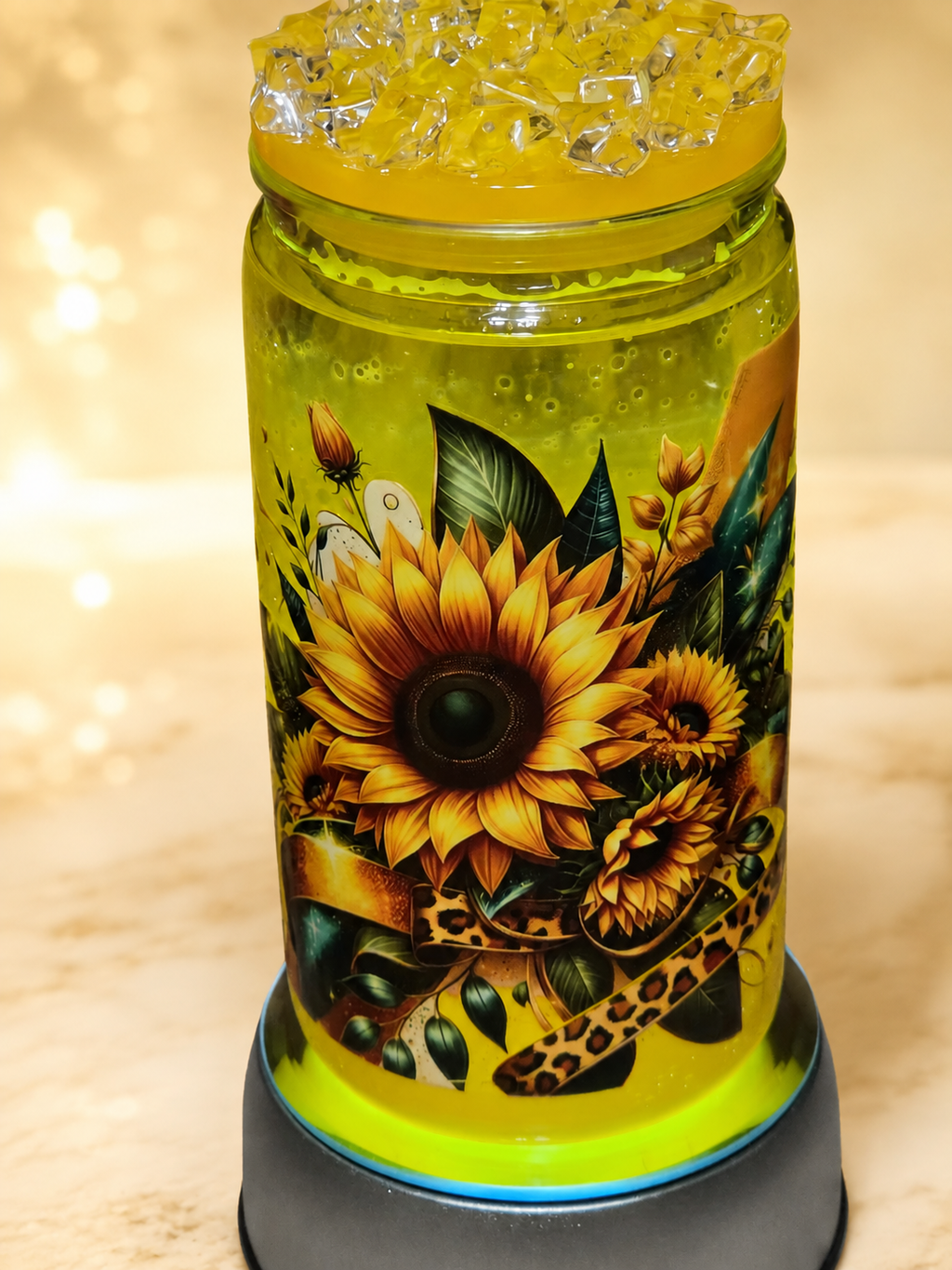 🌻 Sunflower & Leopard Glow Snow Globe Tumbler